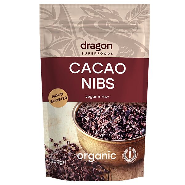 Miez din boabe de cacao eco 200g, cacao nibs, ambalaj roșu-maro, organic, vegan.