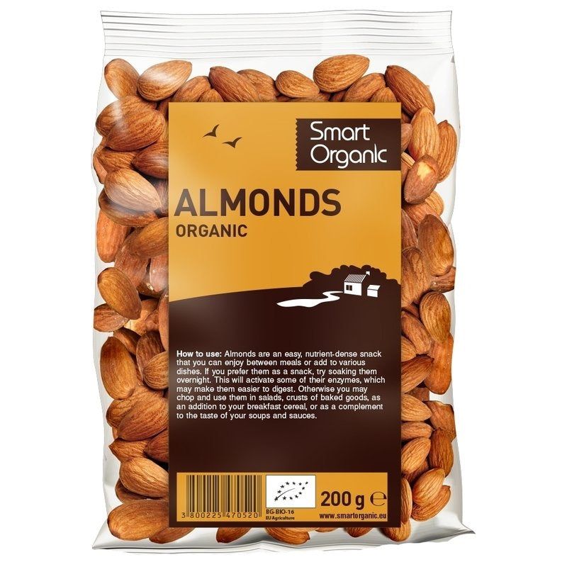 Migdale crude eco 200g Smart Organic, ambalaj transparent, etichetă maro.