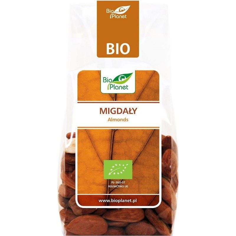 Migdale ecologice Bio Planet 100g, ambalaj transparent cu etichetă maro.