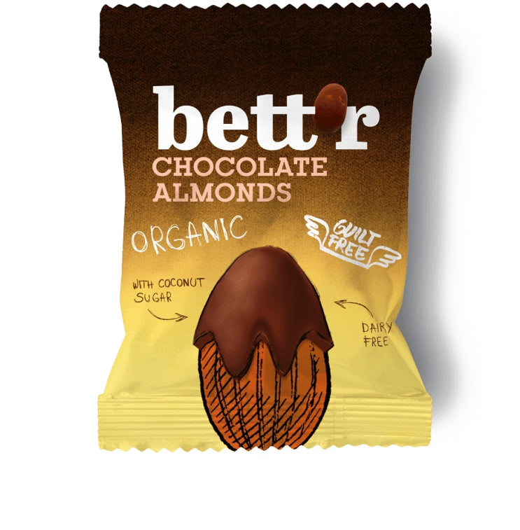 Migdale învelite în ciocolată organică eco Bettr, ambalaj maro-galben, 40g.