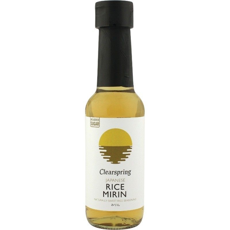 Sticlă Clearspring Mirin Eco 150ml, etichetă albă cu soare galben, capac negru.