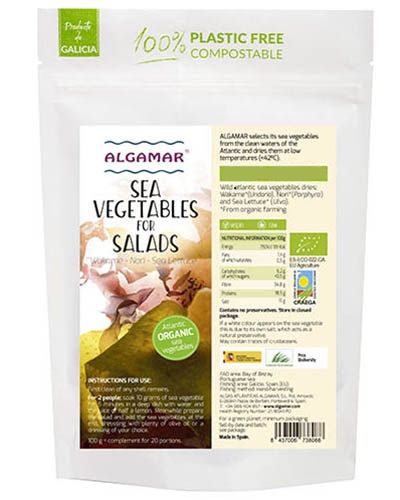 Mix de alge marine pentru salată bio Algamar 50g, ambalaj compostabil, text Galician pe verde.