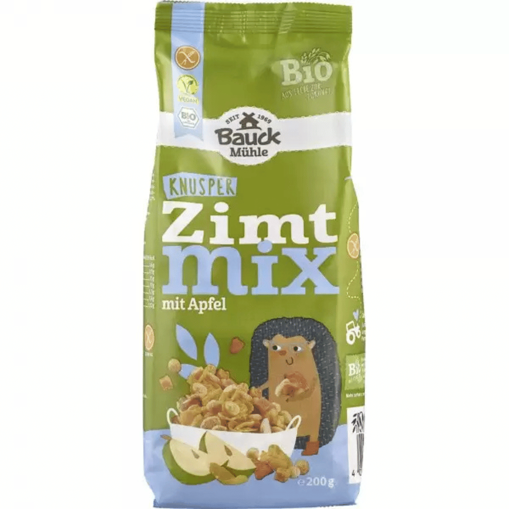 Mix bio crocant de porumb și ovăz cu scorțișoară și mere fără gluten BauckHof 200g, ambalaj verde.