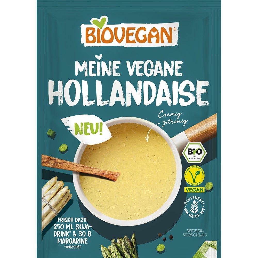 Mix bio pentru sos olandez vegan fără gluten Biovegan 25g, ambalaj verde cu logo și informații produs.
