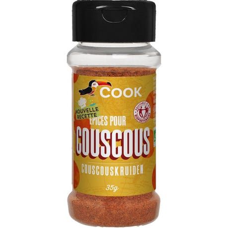 Mix de condimente pentru cuscus bio 35g Cook, solniță plastic transparentă cu etichetă galbenă.