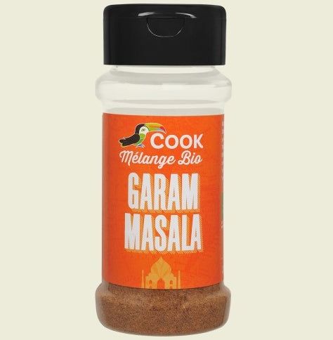 Mix de condimente Garam Masala bio 35g Cook, etichetă portocalie, capac negru.