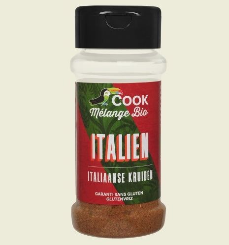 Mix de condimente italian bio 28g Cook, recipient reutilizabil, etichetă roșie cu logo verde.