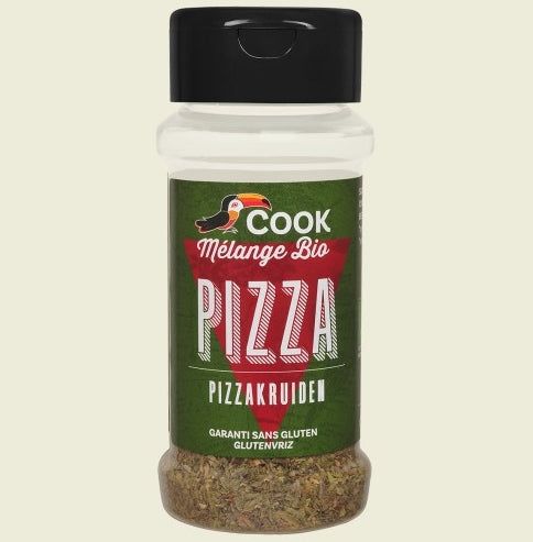 Mix de condimente bio pentru pizza 13g Cook, etichetă verde, recipient reutilizabil cu capac.