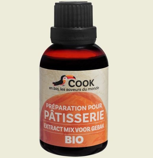 Mix de extracte pentru patiserie bio Cook 50ml, sticlă brună cu capac negru.