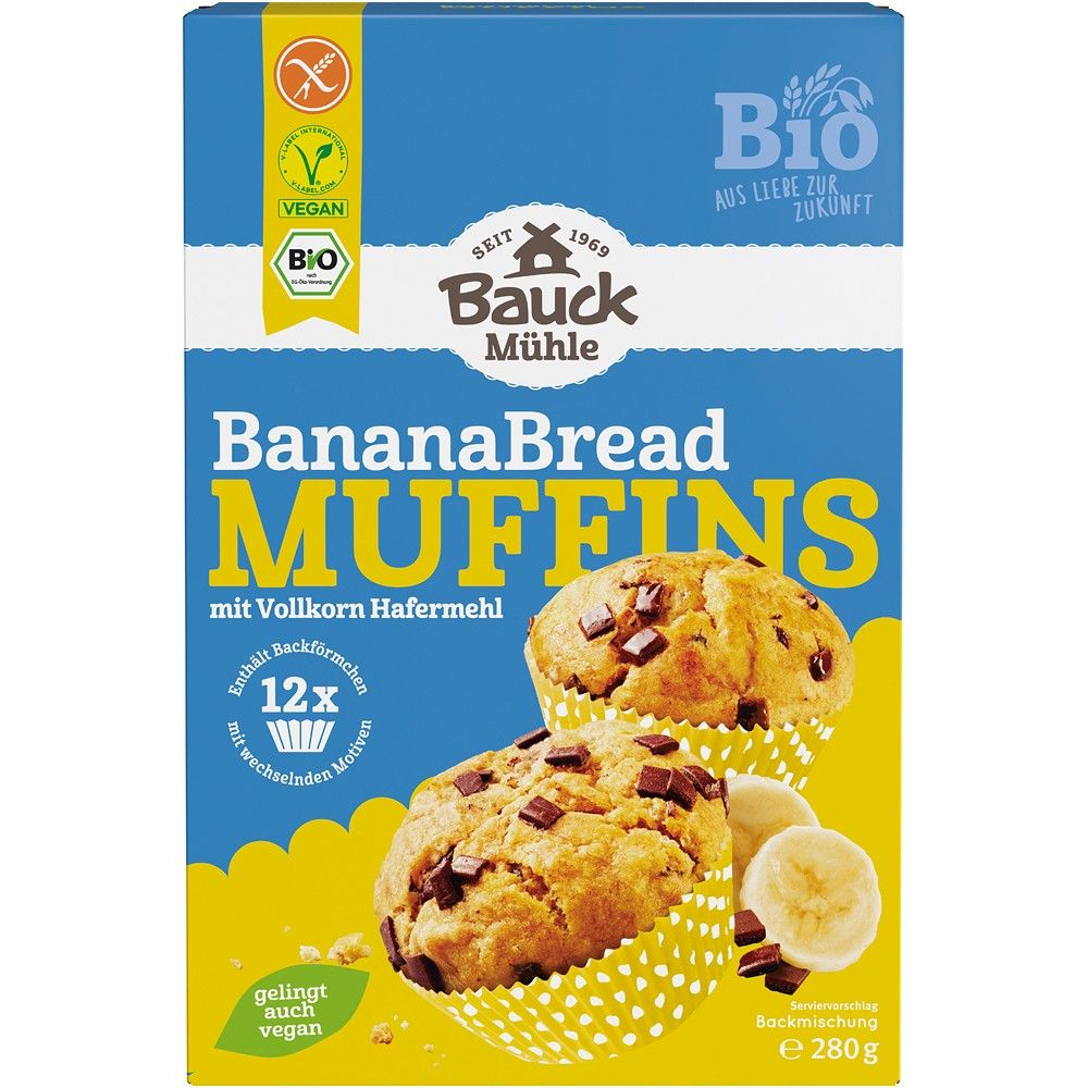 Mix muffins Banana Bread fără gluten, bio, BauckHof 280g, cutie albastră cu imagine muffins și banane.