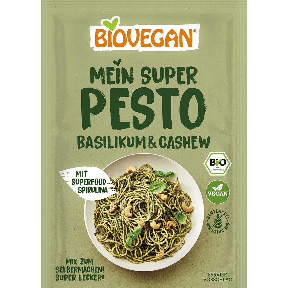Mix pentru pesto bio vegan cu busuioc, caju și spirulină, ambalaj verde Biovegan, fără gluten.