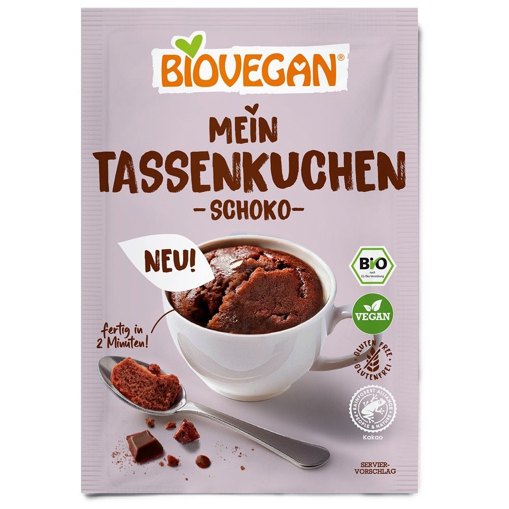 Mix pentru prajitura cu ciocolata la cana Biovegan, bio, vegan, fara gluten, 55g, ambalaj violet.