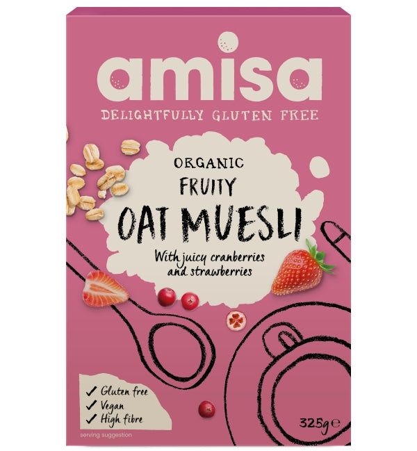 Ambalaj Muesli cu fructe și ovăz fără gluten Amisa, 325g, vegan, roz, fructe desenate.
