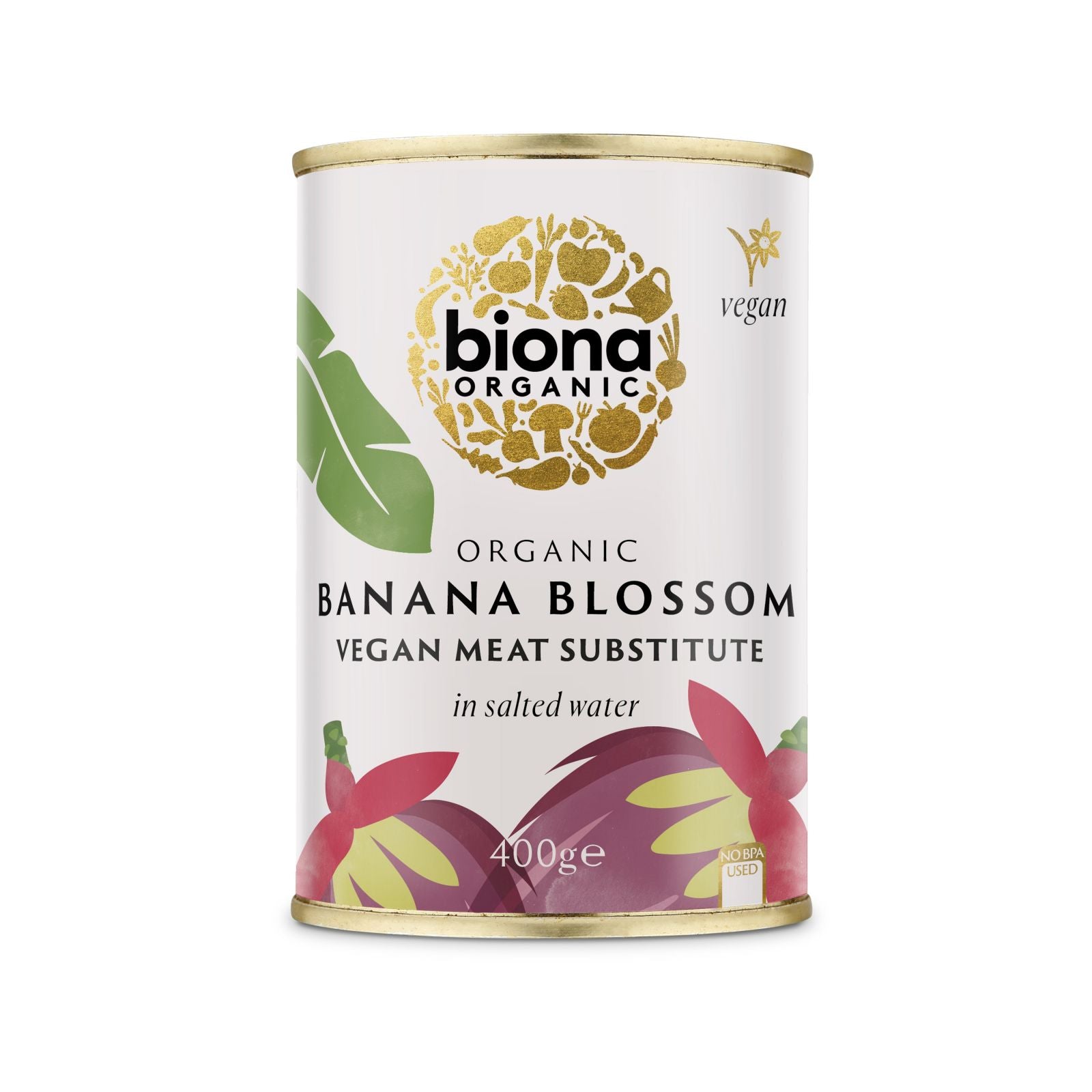 Conservă eco muguri banane Biona 400g, substitut vegan carne, design cu frunze verzi și elemente aurii.