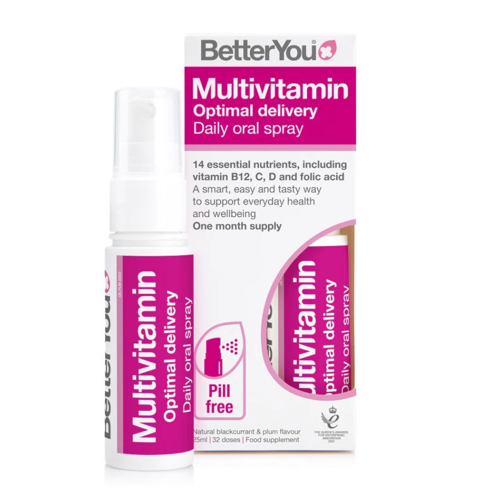 Spray oral Multivit BetterYou 25 ml, design alb și mov, esențial pentru sănătate zilnică.