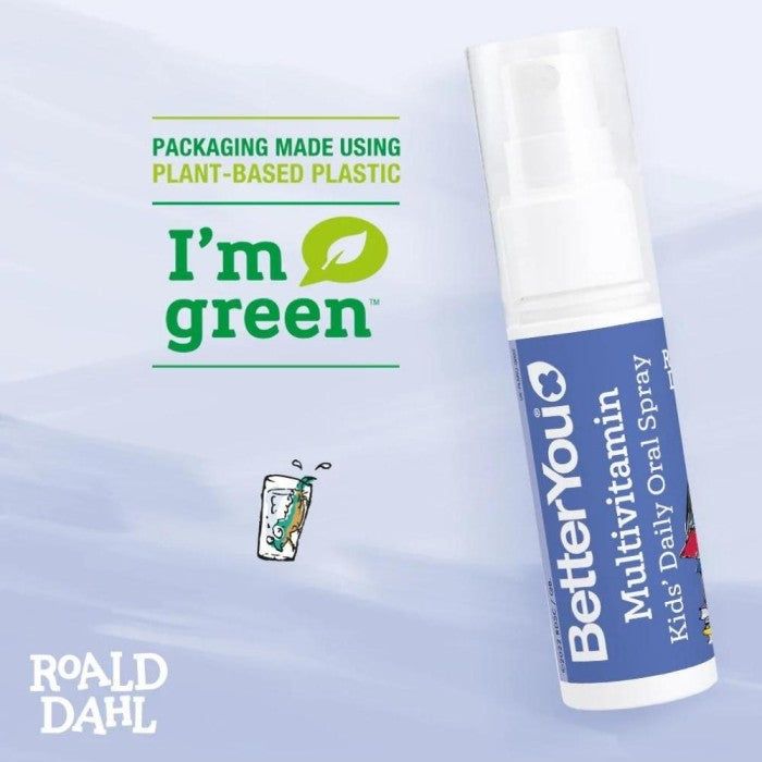 Spray oral pentru copii Multivitamin BetterYou, plastic pe bază de plante, 25 ml, albastru cu alb.