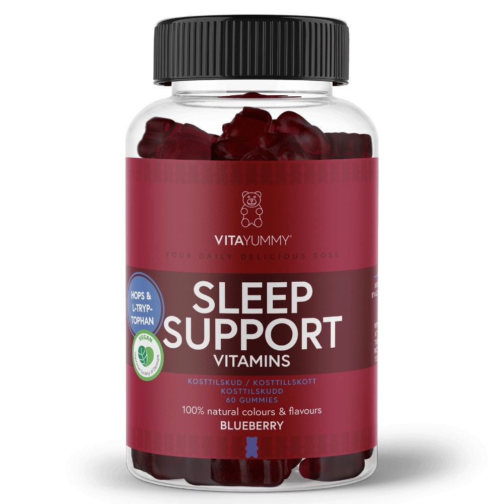 Multivitamine Sleep Support Vitayummy, ursuleti gumati aroma de afine, ambalaj violet cu capac negru, 60 jeluri.