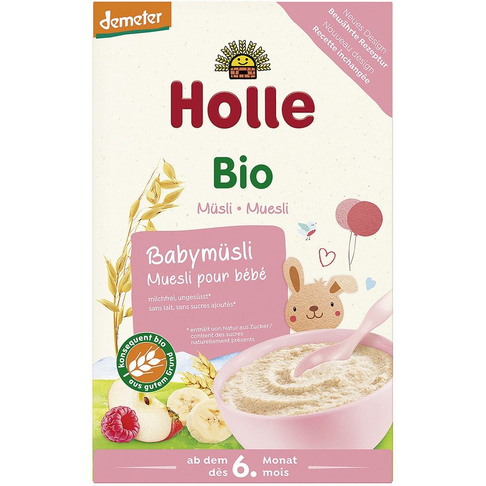 Musli bio Holle pentru copii 6 luni, cu cereale integrale și fructe, cutie 250g, ambalaj colorat.