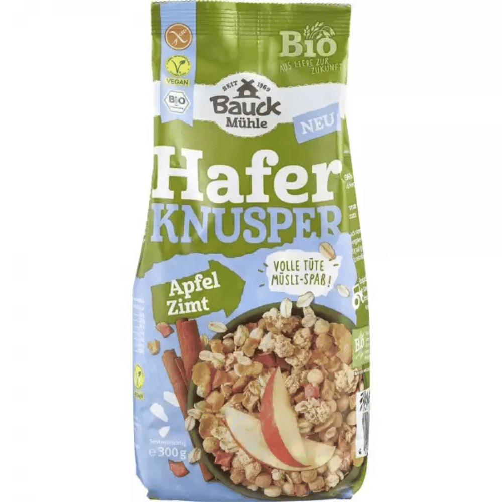 Musli bio crocant BauckHof cu ovăz, mere și scorțișoară fără gluten, ambalaj verde 300g.
