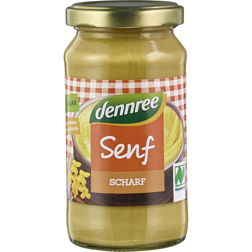 Mustar bio picant Dennree 200ml, borcan sticlă, etichetă portocalie și capac metalic auriu.