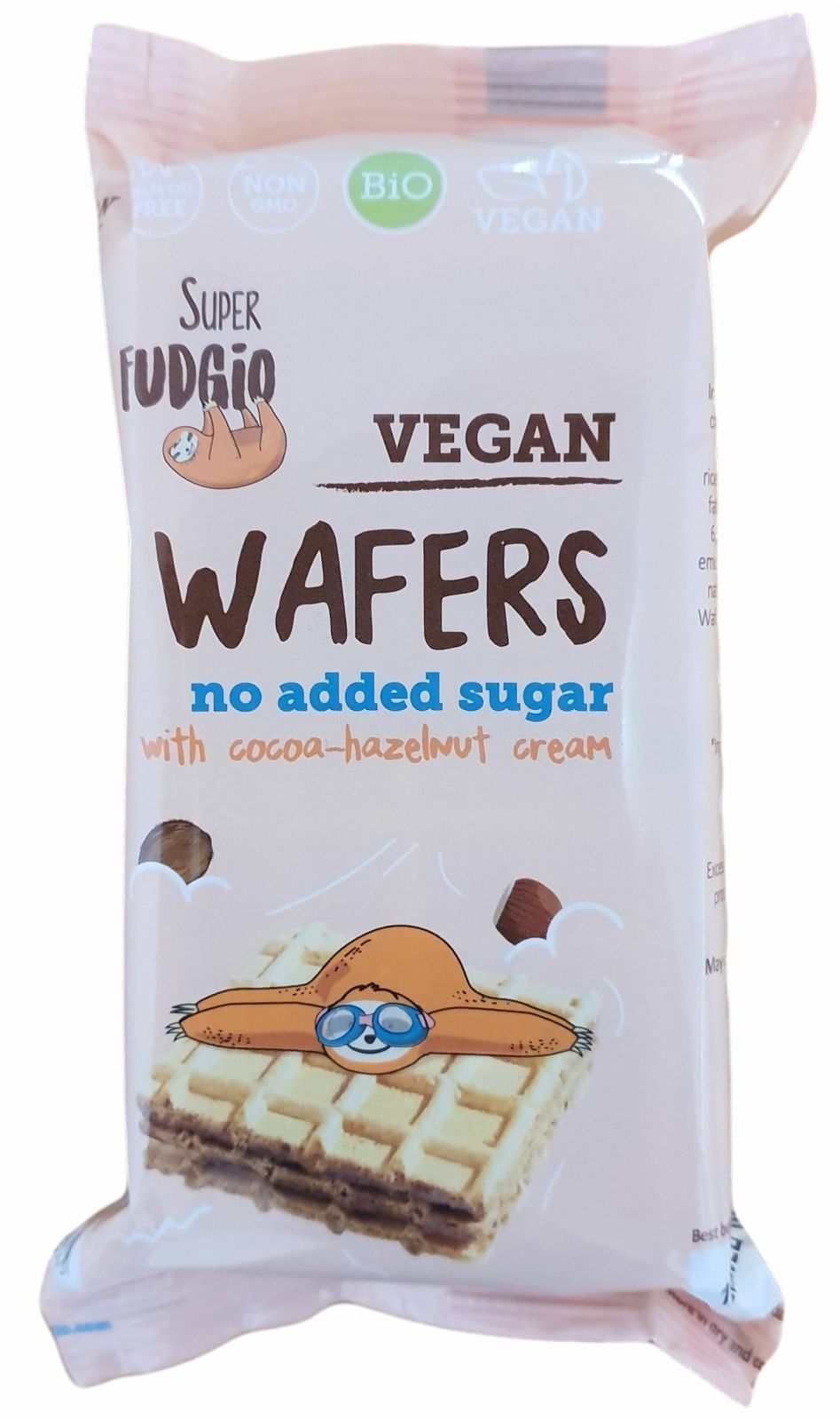 Napolitane vegane cu cacao și alune de pădure bio, ambalaj maro cu ilustrație leneș.