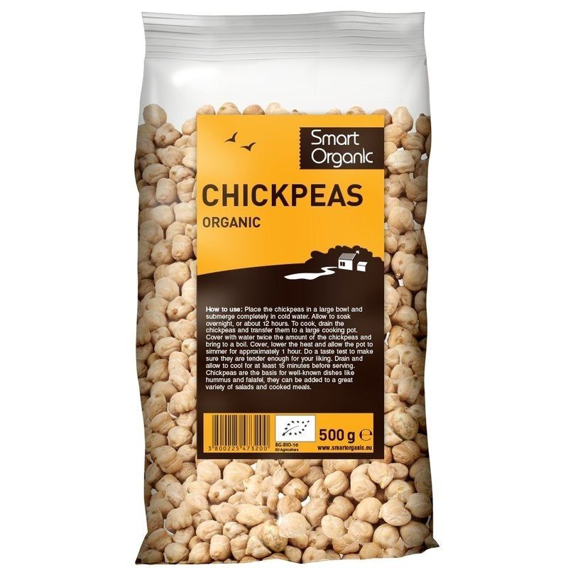 Naut eco 500g Smart Organic, boabe de naut BIO, pachet transparent cu etichetă galbenă.