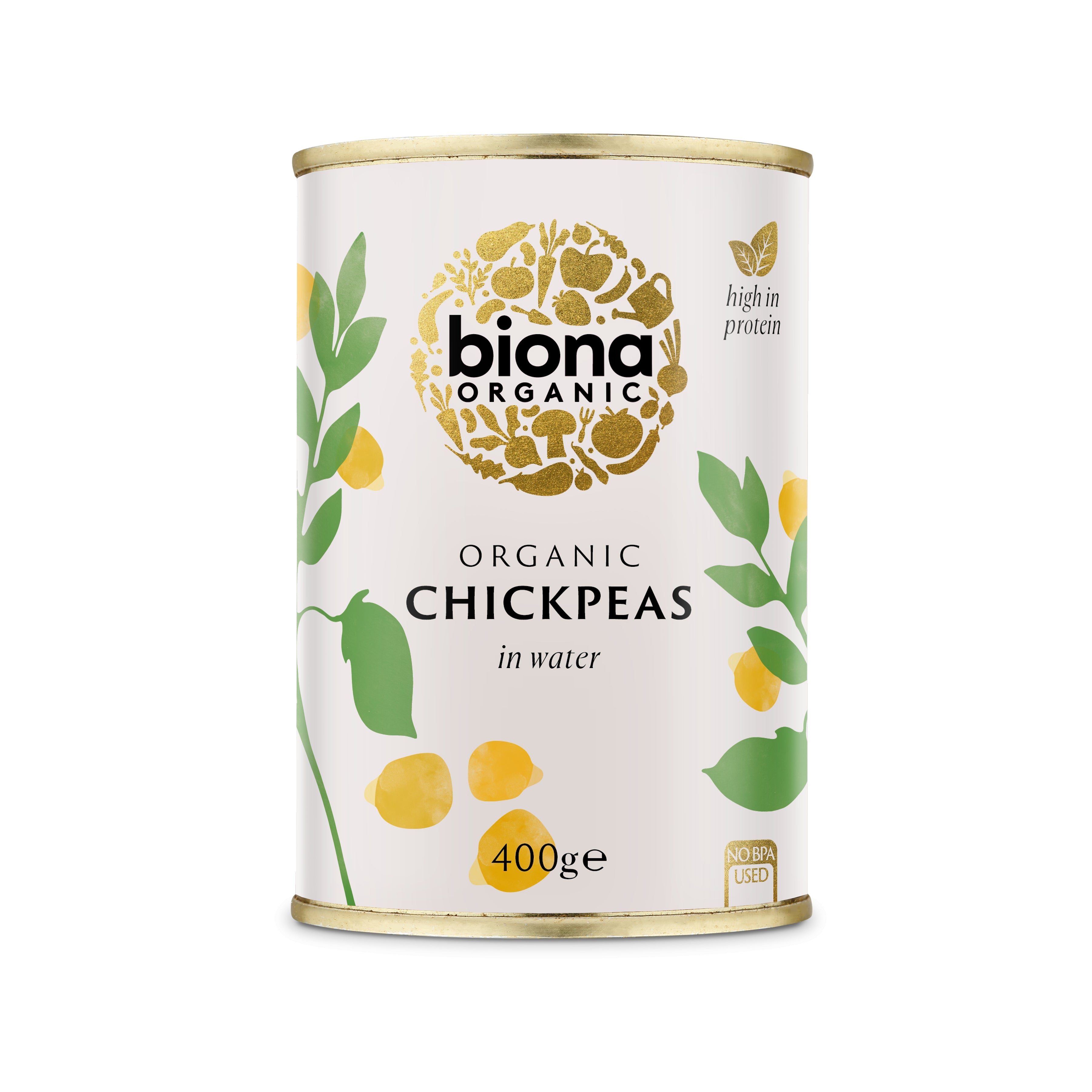 Conservă Biona Organic năut ecologic 400g, ambalaj alb cu desene verzi și galbene.