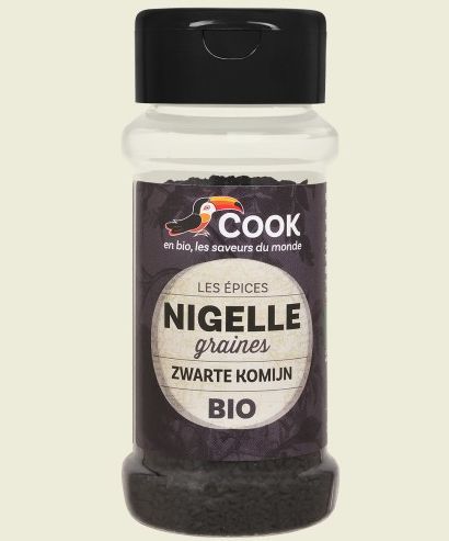 Recipient de semințe bio negrilică Cook 50g cu capac negru reutilizabil.
