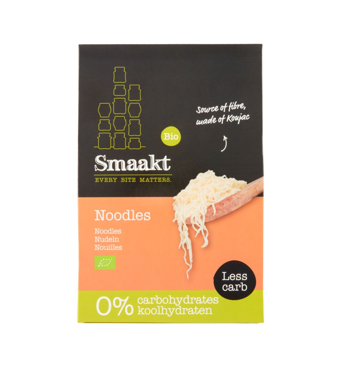 Noodles konjac bio Smaakt, 200g, ambalaj negru-portocaliu, 0% carbohidrați.