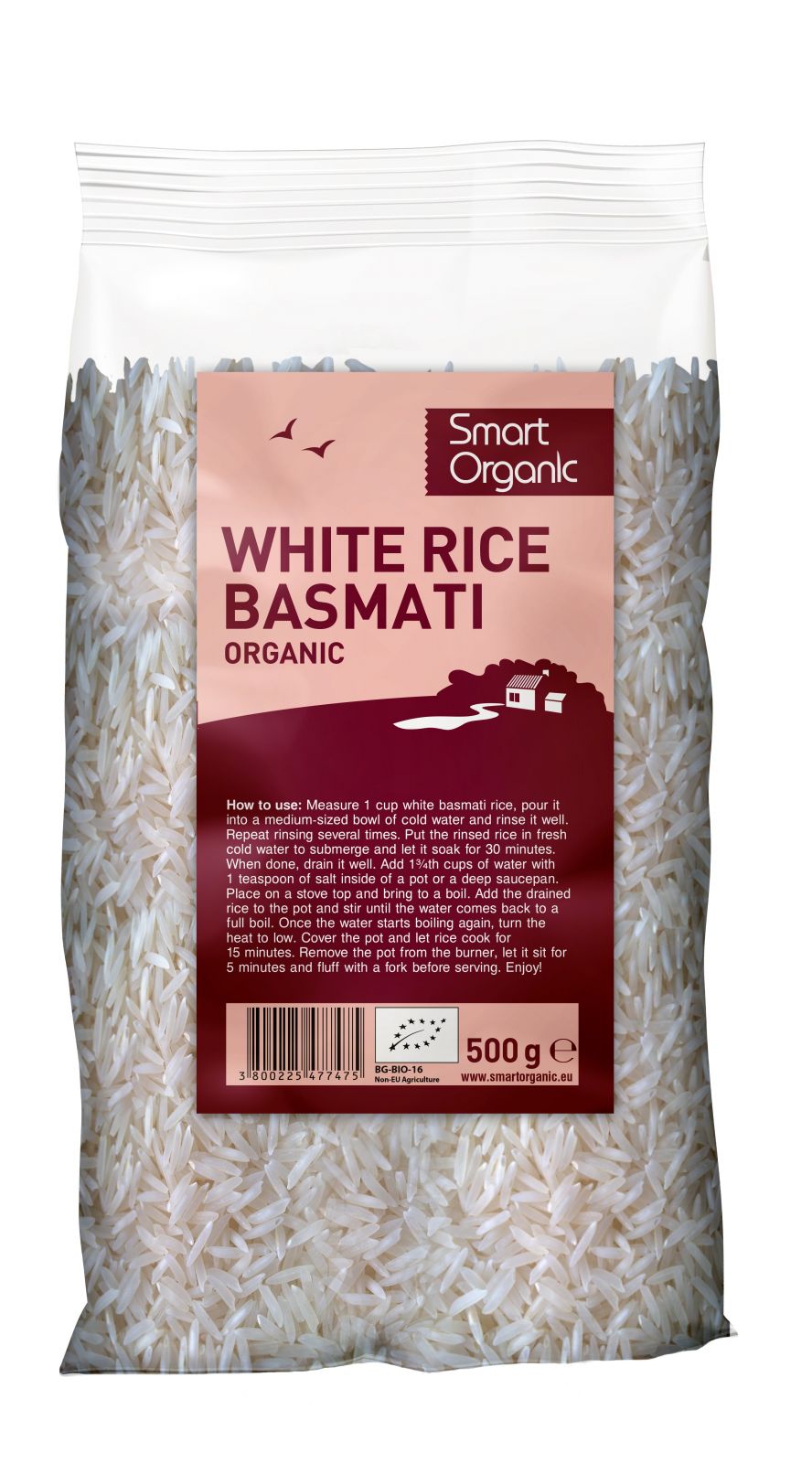 Orez basmati alb eco 500g Smart Organic în ambalaj transparent, text pe etichetă.