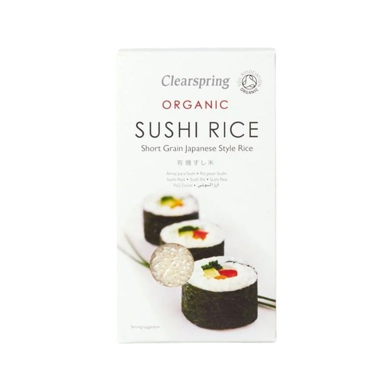 Orez pentru Sushi Eco Clearspring 500g, cutie albă cu text negru și imagini sushi.