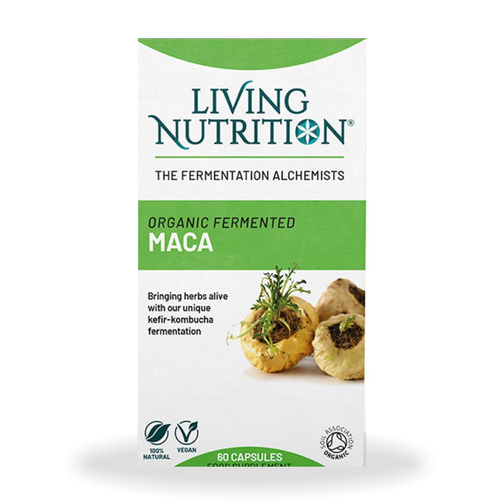 Cutie Living Nutrition Organic Fermented Maca 600 mg, 60 capsule, etichetă verde-albă, text englez.