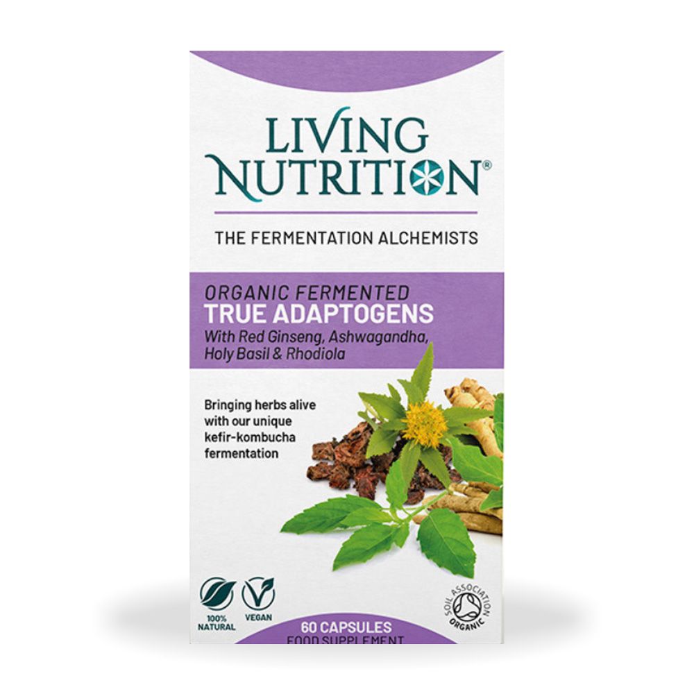 Cutie supliment Living Nutrition cu ginseng, ashwagandha, busuioc, rhodiola, design mov-verde.