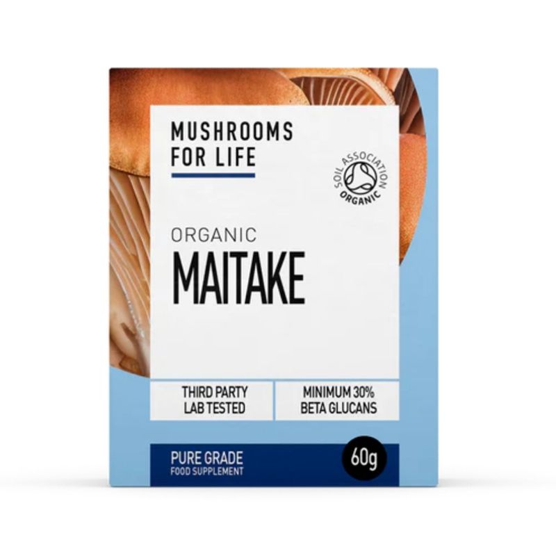 Cutie supliment alimentar Maitake Organic, 60g, MushroomsForLife, design alb și albastru, certificare organică.