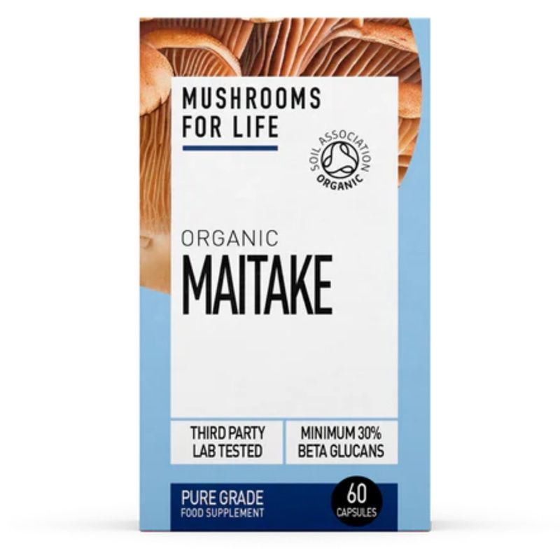 Cutie supliment alimentar Organic Maitake 800 mg, MushroomsForLife, 60 capsule, ambalaj alb și albastru.