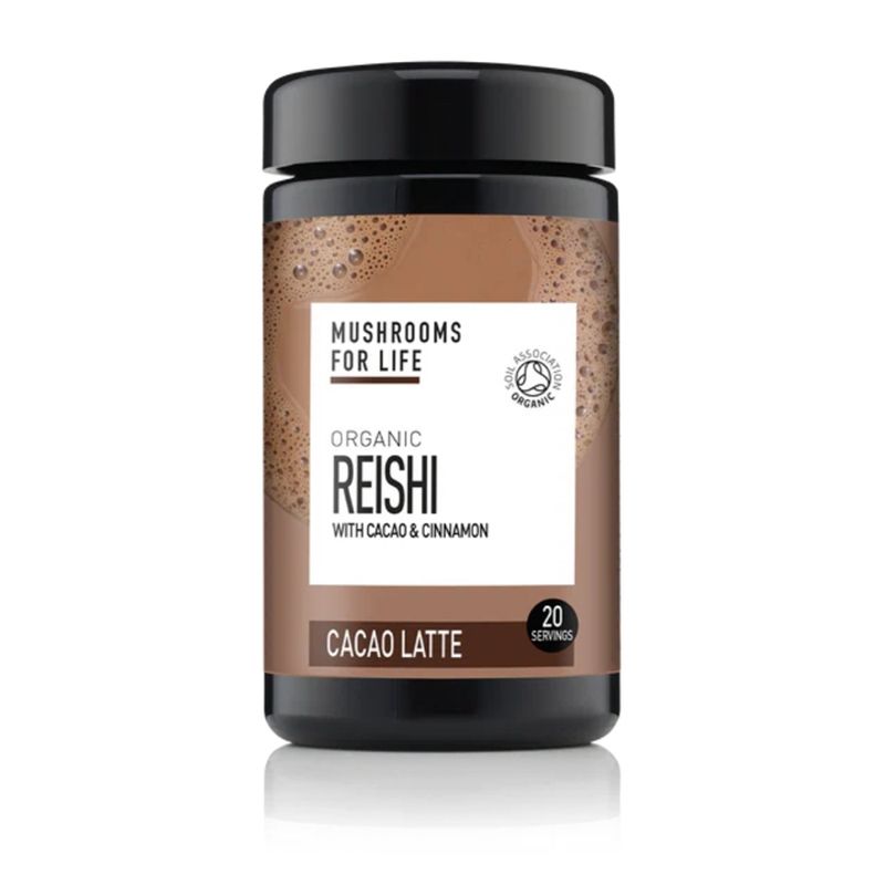 Borcan Organic Reishi Cacao Latte 1000 mg Extract Pur, 140 g, 20 porții, MushroomsForLife, etichetă maro.