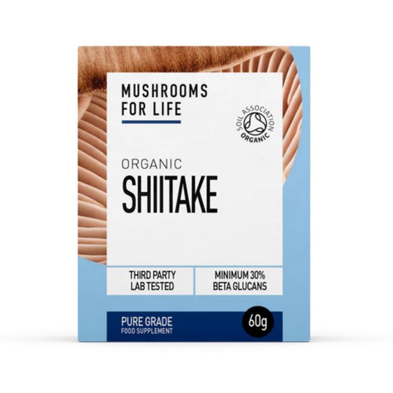 Cutie albastră MushroomsForLife Organic Shiitake 1000 mg, extract pur de ciuperci, 60g, certificat organic.