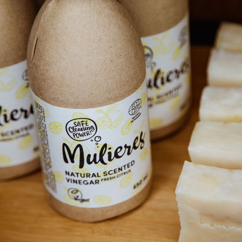 Oțet curățare Mulieres 450ml, etichetă citrice, ambalaj carton bej.