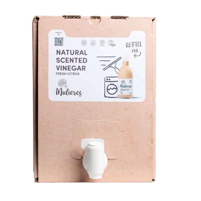 Cutie de carton cu oțet Mulieres, parfum natural citrice, 15L, robinet alb, etichetă albă.
