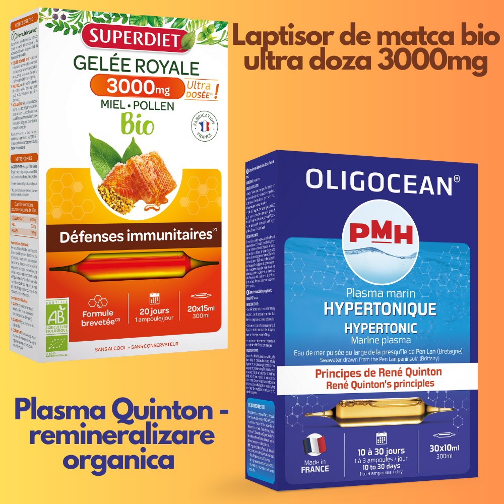 Pachet Imunitate: Lăptișor de Matcă 3000 mg și Plasma Quinton, cutii colorate, text pe fundal portocaliu.