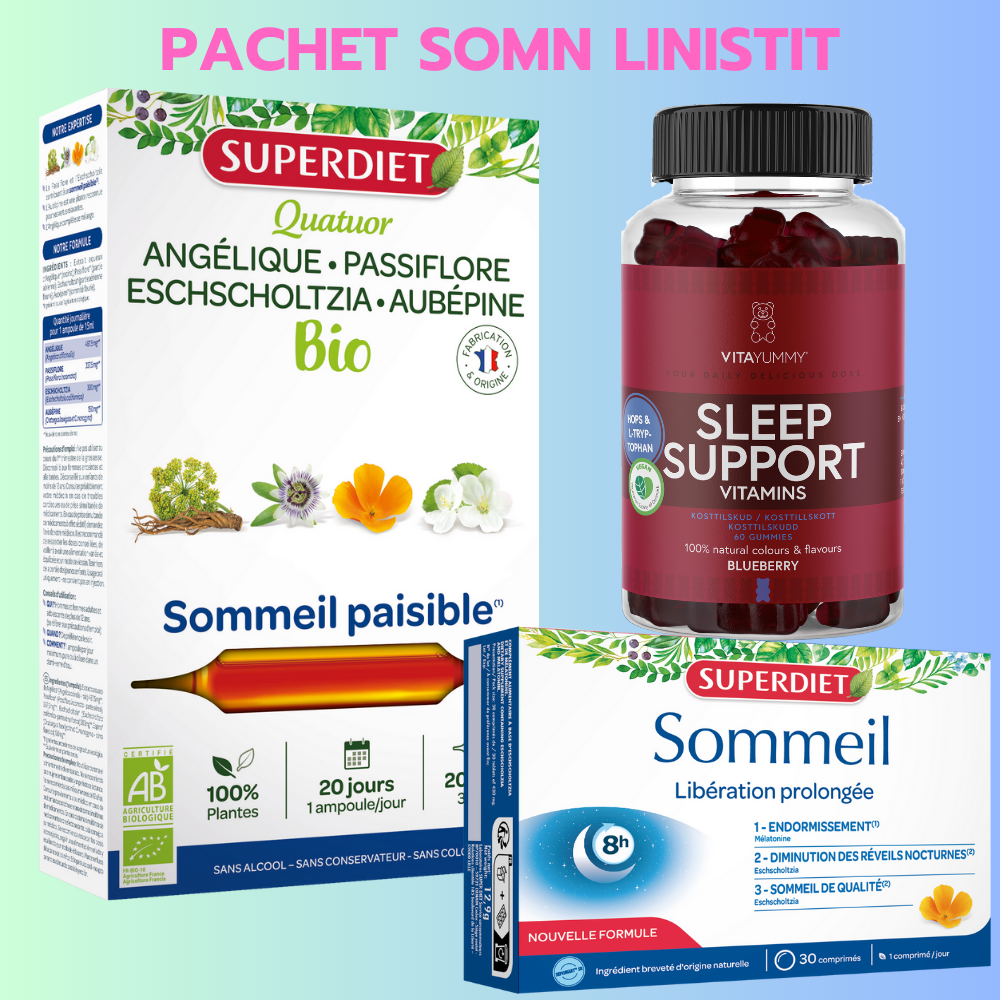 Pachet Somn Liniștit, fiole bio, capsule gel roșii, ambalaje colorate.