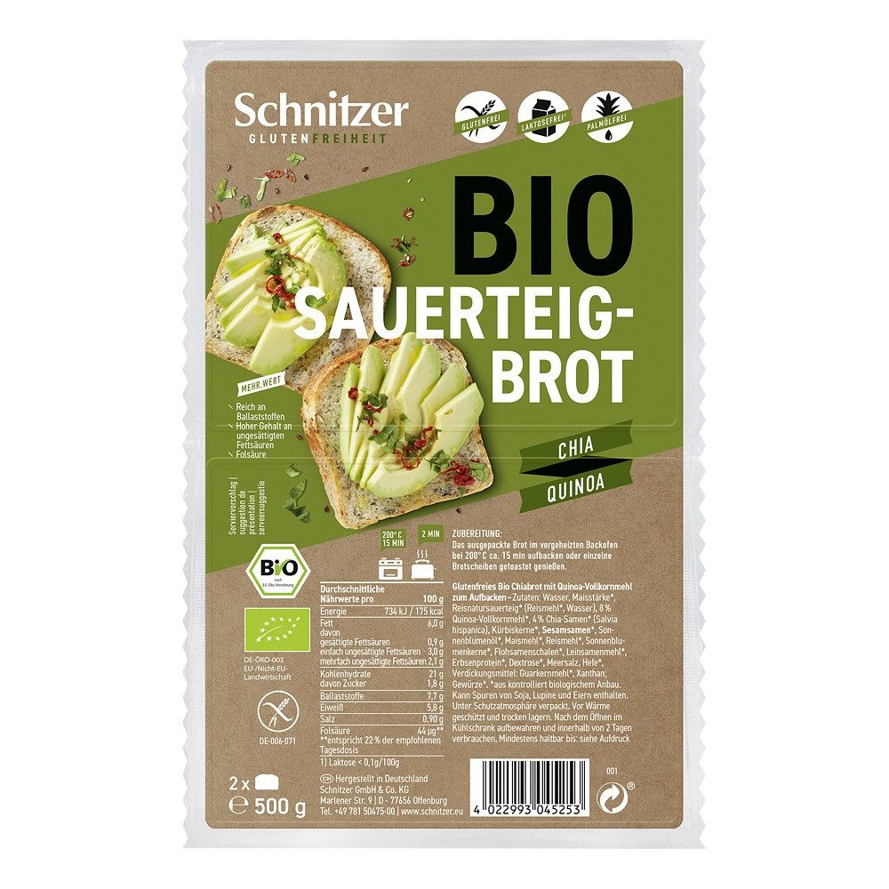 Paine bio cu maia chia și quinoa Schnitzer fără gluten, ambalaj verde, 500g.