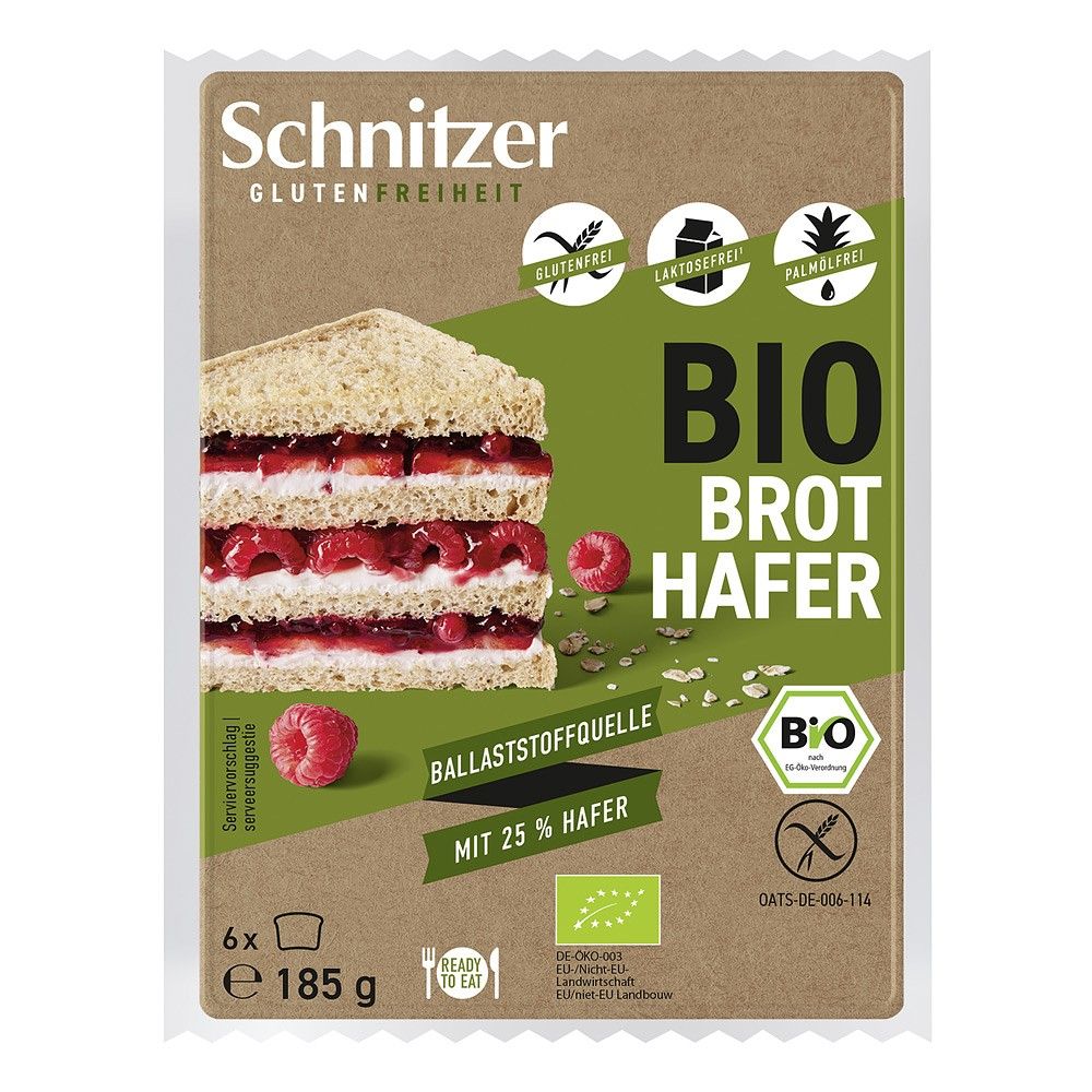 Pâine bio fără gluten cu ovăz, felii, etichetă verde, 185g Schnitzer