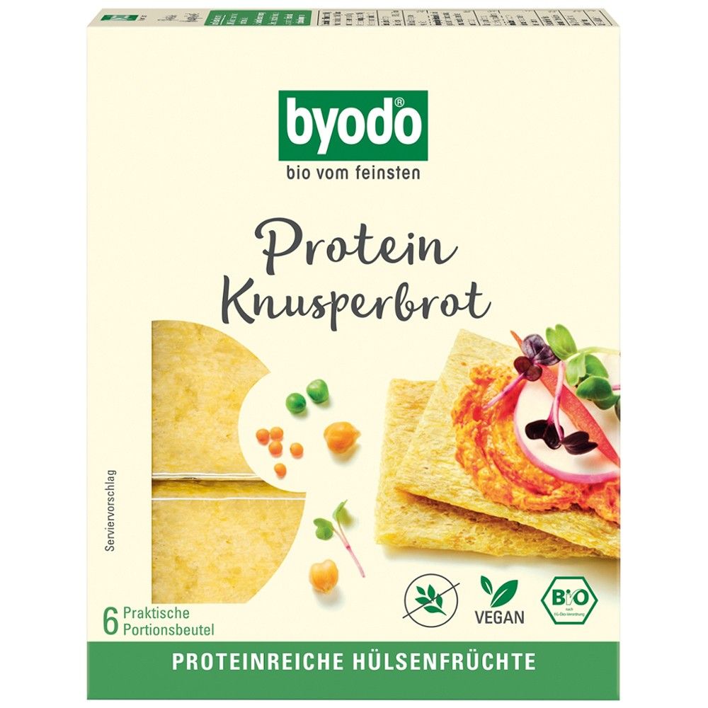 Pâine proteică crocantă fără gluten Byodo 110g, cu năut, mazăre, linte, vegan, bio, ambalaj crem.