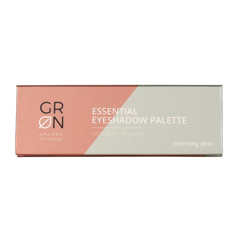 Cutie pătrată paletă farduri GRN, design bej și roz, text "Essential Eyeshadow Palette".
