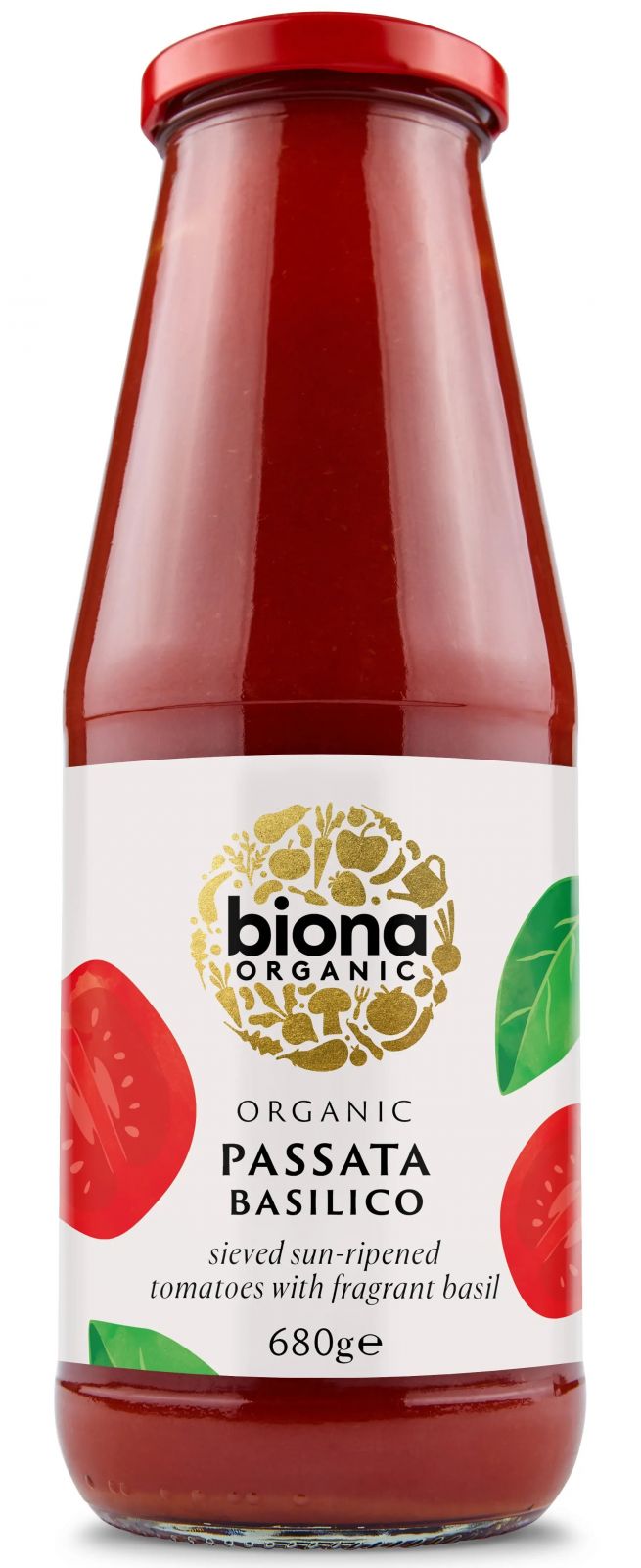 Pasatta cu busuioc bio Biona 680g în sticlă de sticlă cu capac roșu, etichetă albă.