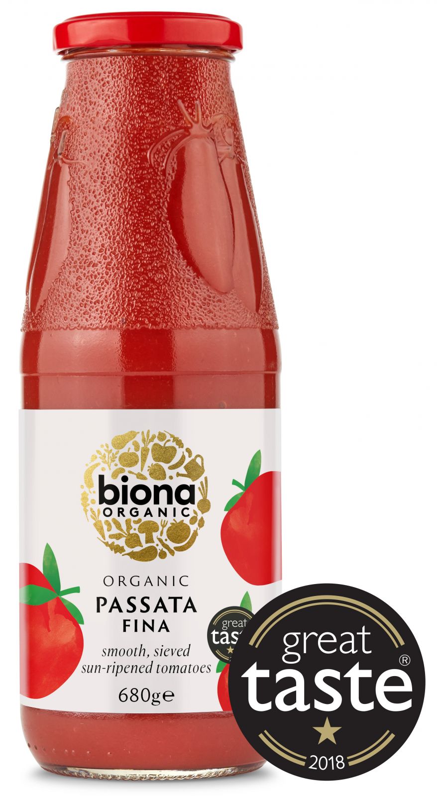 Pasatta fina bio Biona 680g, sticlă roșie cu etichetă, siglă great taste 2018.
