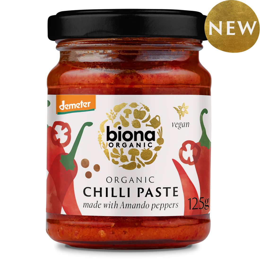 Pasta de chilli bio Biona 125g, borcan sticlă cu capac negru, etichetă cu ardei roșii și logo Biona.