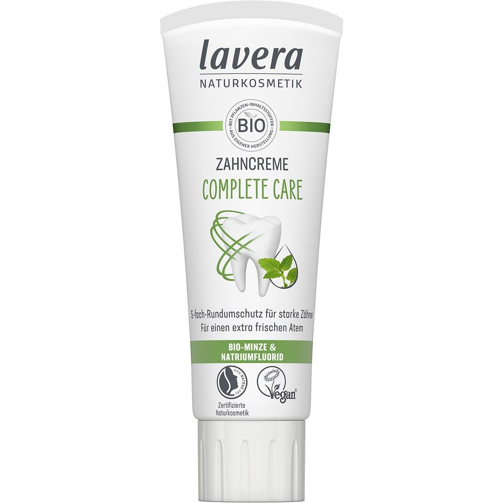 Pasta de dinți Lavera Complete Care 75ml, albă cu menta bio și fluor, etichetă verde.