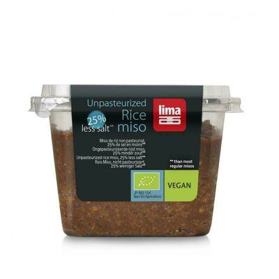 Pasta Miso de orez și soia eco Lima 300g, pachet transparent, etichetă verde-negra.